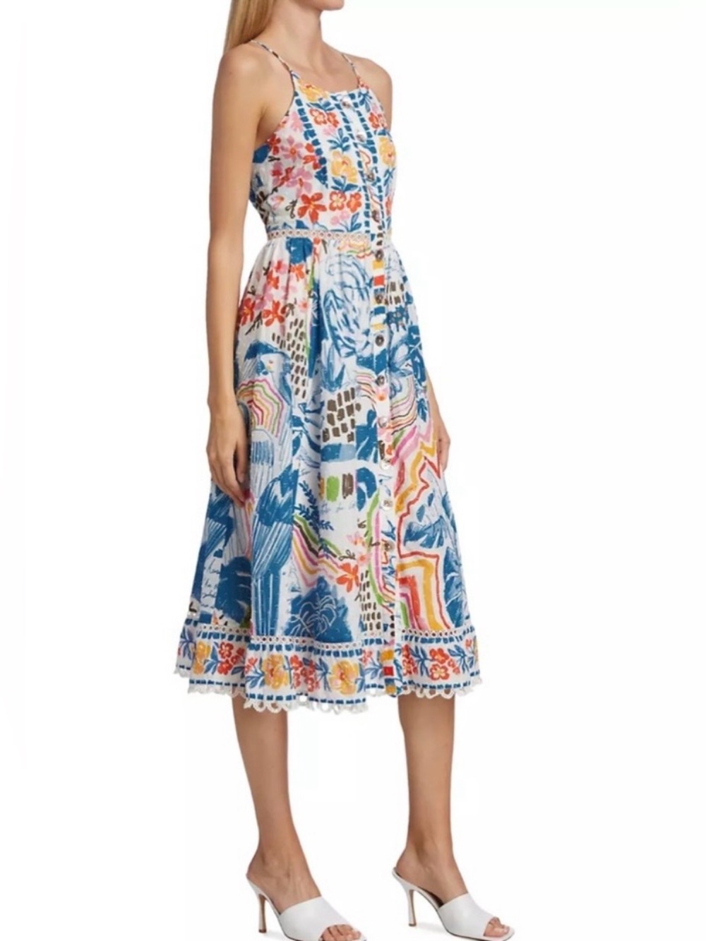 Farm Rio Cotton Floral Print Maxi Dress Eyelet Midi Fit Flare Dress Size XSmall